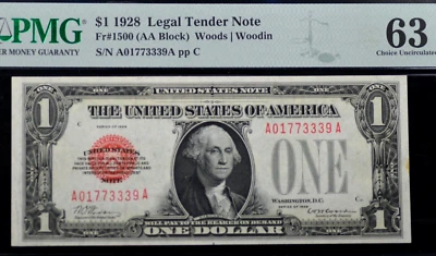 $1 1928 LEGAL TENDER NOTE Fr#1500 PMG CHOICE UNCIRCULATED 63 FLAMBOYANT CLOWN - Image 1 of 4