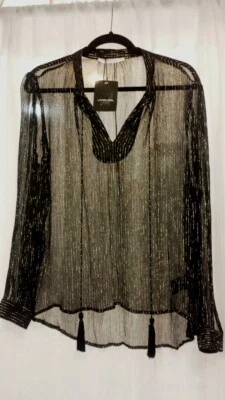 Blusa Lauren Vidal Solenn Transparente Borlas Negra y Metálica Dorada Talla Pequeña - NUEVA Foto 1 de 4