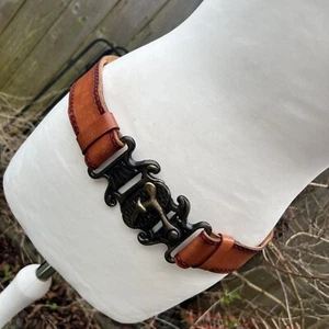 Vintage 70s 80s Boho Western Interlocking J.S.S ELCHE Leather Brown Tan Belt - Picture 1 of 24