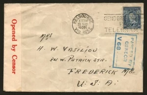 Australia 170 on 1939 censored cover from Melbourne to Frederick, Md., USA - Picture 1 of 2