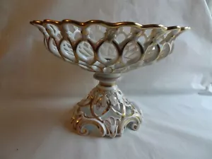 Antique French Old Paris Porcelain Compote, Open Lattice Pierce Work, Gold Trim - Picture 1 of 10