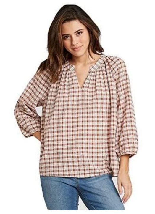 Universal Thread Sz XS Tan Brown Plaid 3/4 Sleeve V-neck Tunic Blouse Boho *e