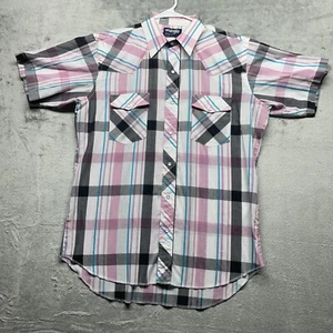 Wrangler Pearl Snap Shirt Mens L Short Sleeve Pink Blue Plaid Western Cotton - Picture 1 of 5