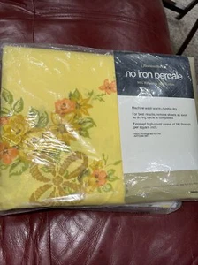 VTG NOS JC PENNEYS FASHION MANOR FLAT SHEET DOUBLE PERCALE YELLOW ORANGE FLOWERS - Picture 1 of 8