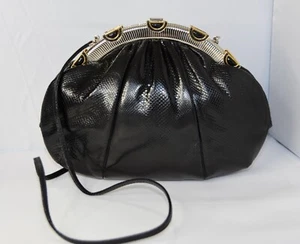 Borsa a tracolla pochette JUDITH LEIBER designer art deco pelle onice nera Karung - Foto 1 di 11