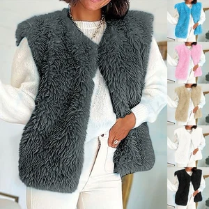 Womens Shaggy Faux Fur Tank Top Winter Gilet Jacket Cardigan Waistcoat SIZE 6-20 - Picture 1 of 15
