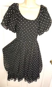 Vintage 70s Chiffon Puffy Bubble Dress & Tiered Ruffle Hem Polk a Dot Womens S - Picture 1 of 10