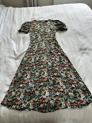 M&S Ghost Black Blue Green Red Floral Crepe Midi Dress Size 10 Short Sleeve - Image 1 of 4