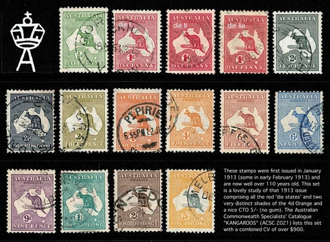 1st WATERMARK 1913 KANGAROOS ~ VERY FINE CDS SET TO 5/- NICE COLOUR 2021 CV$900 Cover