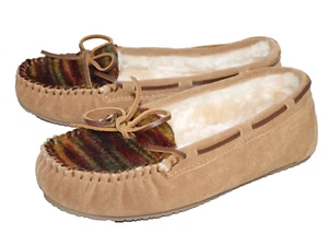 Mocasín de gamuza bronceada Minnetonka a rayas vampiro talla 8 revestimiento de piel sintética 40513 - Imagen 1 de 5