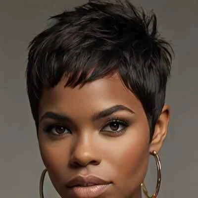 Moda Peluca Negra Corte Pixie Corto Corte de Pelo Pelucas de Cabello Humano para Mujeres Negras  Foto 1 de 4
