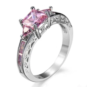 Princess Cut Pink Zirconia Band Women 10k White Gold Filled Wedding Ring Sz 6-10 - Picture 1 of 8