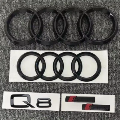 KIT COMPLETO LOGHI AUDI Q8 nero lucido fregi ANTERIORE + POSTERIORE targhetta Q8 - Image 1 of 4