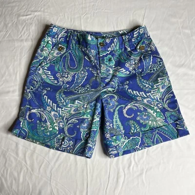 Ralph Lauren 2 码娇小袖口短裤佩斯利印花蓝色绿色口袋金色 — 第 1/4 张图片