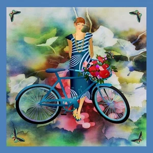 Chal de seda azul dama ciclista dobladillos enrollados a mano NUEVO regalo 90 cm cuadrado - Imagen 1 de 5