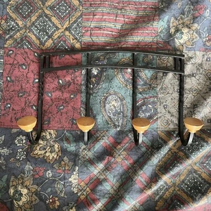 twisted black metal Wood caps Wall hanging Mount Coat Rack 4 Hooks cast iron vtg - Picture 1 of 5
