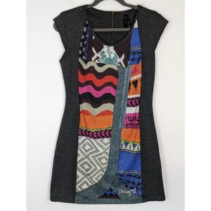 Desigual Kleid bedruckt Strickpullover Reißverschluss Boho schrullig bunt grau Gr. M - Bild 1 von 12