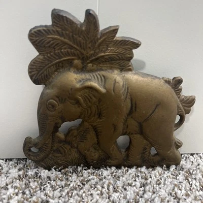 Vintage Heavy Iron Gold Elephant With Palm Tree  Doorstop Book End Unbranded - Image 1 of 3