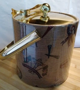 Vtg Elegance by Kraftware Golf Theme Ice Bucket w/Tongs Textile/Gold Design - Picture 1 of 4