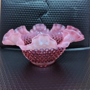 9" FENTON Hobnail Cranberry Opalescent Crimped Bowl - Picture 1 of 9