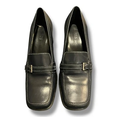 Vintage Y2K Navy Bass Loafer Block Heel Womens Shoe 7 Slip On Buckle Square Toe - Image 1 of 4