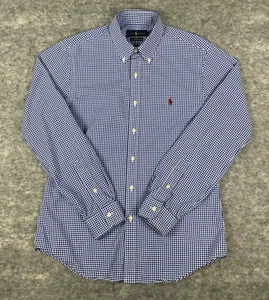 Ralph Lauren Shirt Mens M Blue Gingham Check Slim Fit Long Sleeve Cotton Stretch - Picture 1 of 5