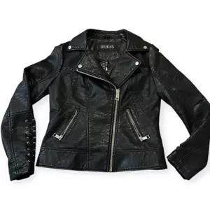 Guess Women's Black Faux Leather Cropped Biker Motorcycle Jacket Medium - Picture 1 of 9