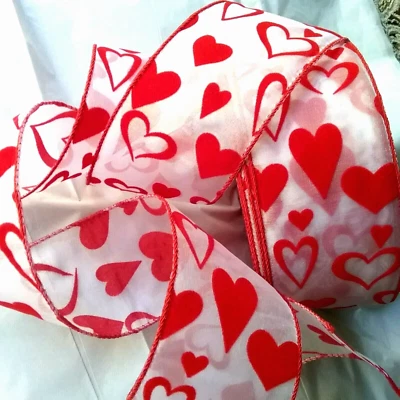 Valentine's Day Red Felt Hearts 2.5" by 5 yards Shimmering Sheer Wired Ribbon - Image 1 of 4