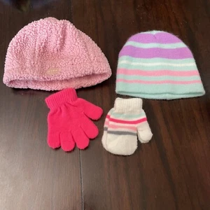 Baby Girl Lot Of 2 Winter Hats, Mittens & Gloves Pink Infant 3-9 Months - Picture 1 of 7