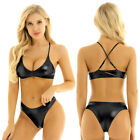 Women's Metallic Leather Bandage Bikini Set Swimsuit Triangle Swimwear Bathing