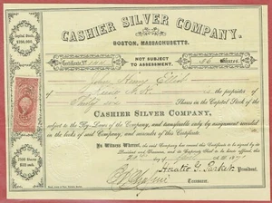 CASHIER SILVER COMPANY, BOSTON MASSACHUSETTS 20.4.1871 STOCK CERT. - Picture 1 of 4