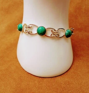 Silver & Malachite Bracelet -6 Round Stones Set In Large Intricate Link Settings - Picture 1 of 9