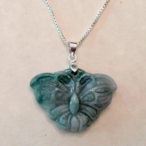 ~Carved Green Natural Jade / Jadeite Butterfly Pendant Sterling .925 18” Chain - Picture 1 of 3