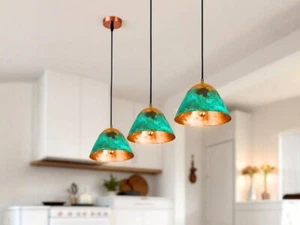 Green Patina Copper Pendant Light Set, Handmade Hammered Kitchen Island Light, - Picture 1 of 5