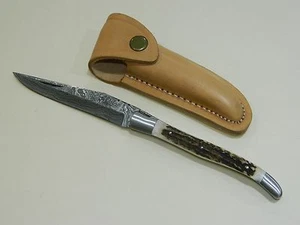 Unused Alistar Hand Made Damascus Blade Stag Handle Folding Knife w/ Sheath - Picture 1 of 7