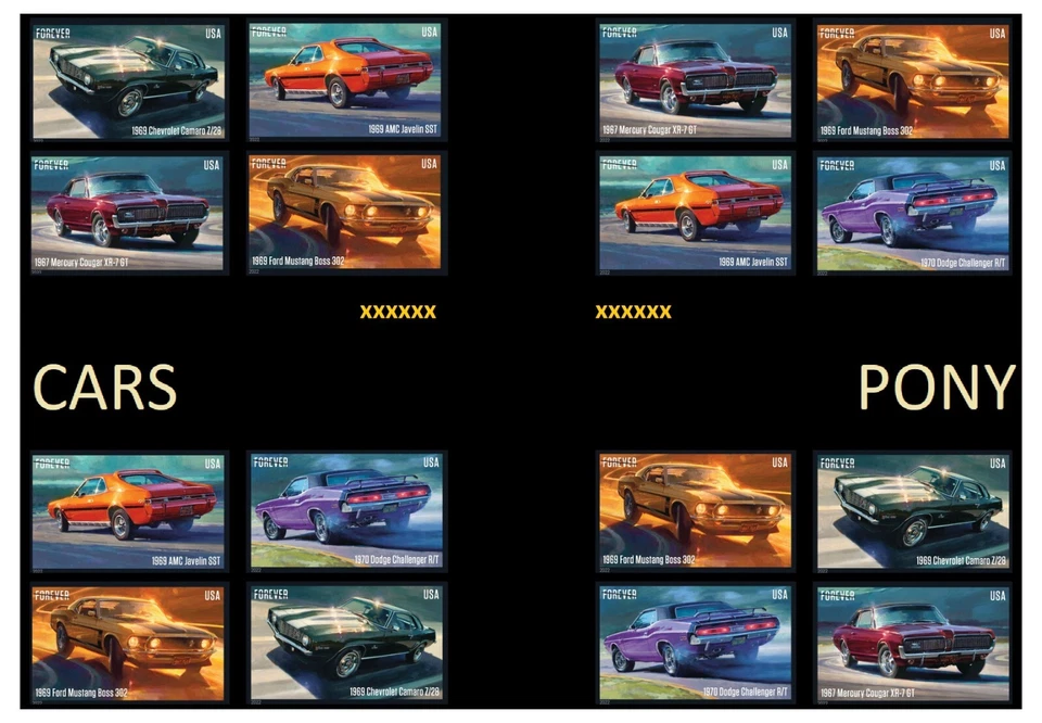 US 5715a-5719a 5719c Pony Cars imperf NDC cross gutter block 16 MNH 2022 - Image 1 of 1