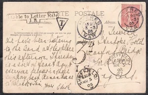 France Post Card to Dunford Bridge - POSTAGE DUE - 1905 HYERES & SHEFFIELD CDS's - Picture 1 of 2