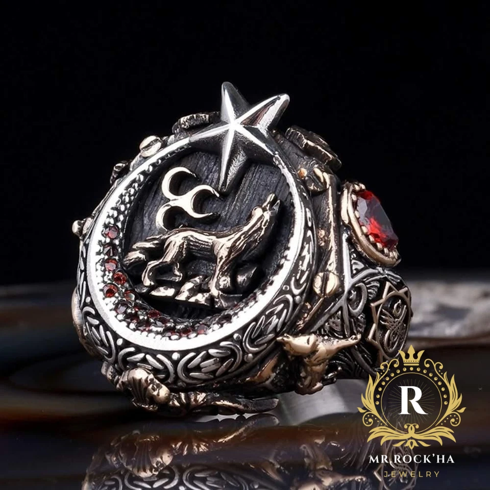 Anillo para hombre en relieve de lobo y estrella media luna en relieve, circón rojo, plata de ley 925 Foto 1 de 4