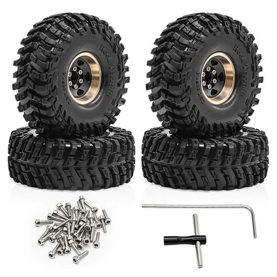 1.0" Brass Beadlock Wheel Rim Tires Set For 1/18 TRX4M 1/24 SCX24 FMS RC Crawler - Image 1 of 4