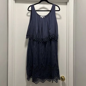 Tempo Paris Midi Dress L Navy Sleeveless Layered Lace Lined Silk/Viscose Blend - Picture 1 of 12