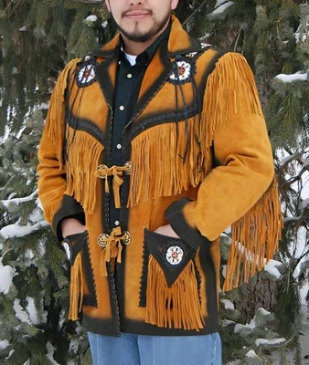 Casaco de couro nativo americano com franjas frisadas, estilo sudoeste, roupa do Velho Oeste - Imagem 1 de 4
