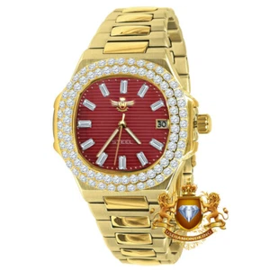 Men's Solid Steel Red Dial 18K Gold Finish Simulated Diamond 36mm Watch W/Date - Picture 1 of 8