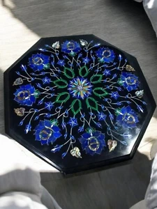 24" Black Marble Octagon Table With Lapis Lazuli Floral Inlay Art Home Interior - Picture 1 of 6