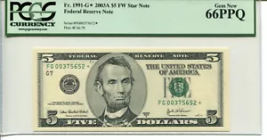 Fr 1991-G* STAR 2003A $5 Federal Reserve 66 PPQ GEM NEW 3 OF 5 - Picture 1 of 2