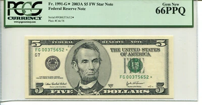 Fr 1991-G* STAR 2003A $5 Federal Reserve 66 PPQ GEM NEW 3 OF 5 - Image 1 of 2