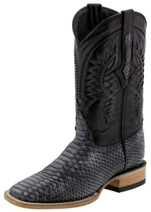 Mens Black Gray Cowboy Boots Snake Print Leather Western Wear Square Bota Rancho - Picture 1 of 5