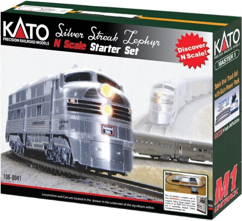 KATO ~ New 2024 ~ N Scale ~ CB&Q Silver Streak Zephyr ~ Starter Set ~ 106-0041 - Image 1 of 4