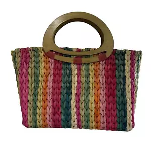 Capelli Straw Bag Wooden Handles Multicolor Lined Interior Broken Zipper - Picture 1 of 6