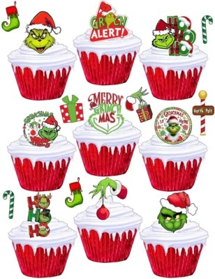 GIFTED 32 STAND UP The Grinch Christmas Edible Cup Cake Toppers Party Wafer Decorations
