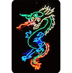 Metal Sign 8x12 Image Neon Chinese Dragon Breathing Fire Blue Green Body Art - Picture 1 of 2